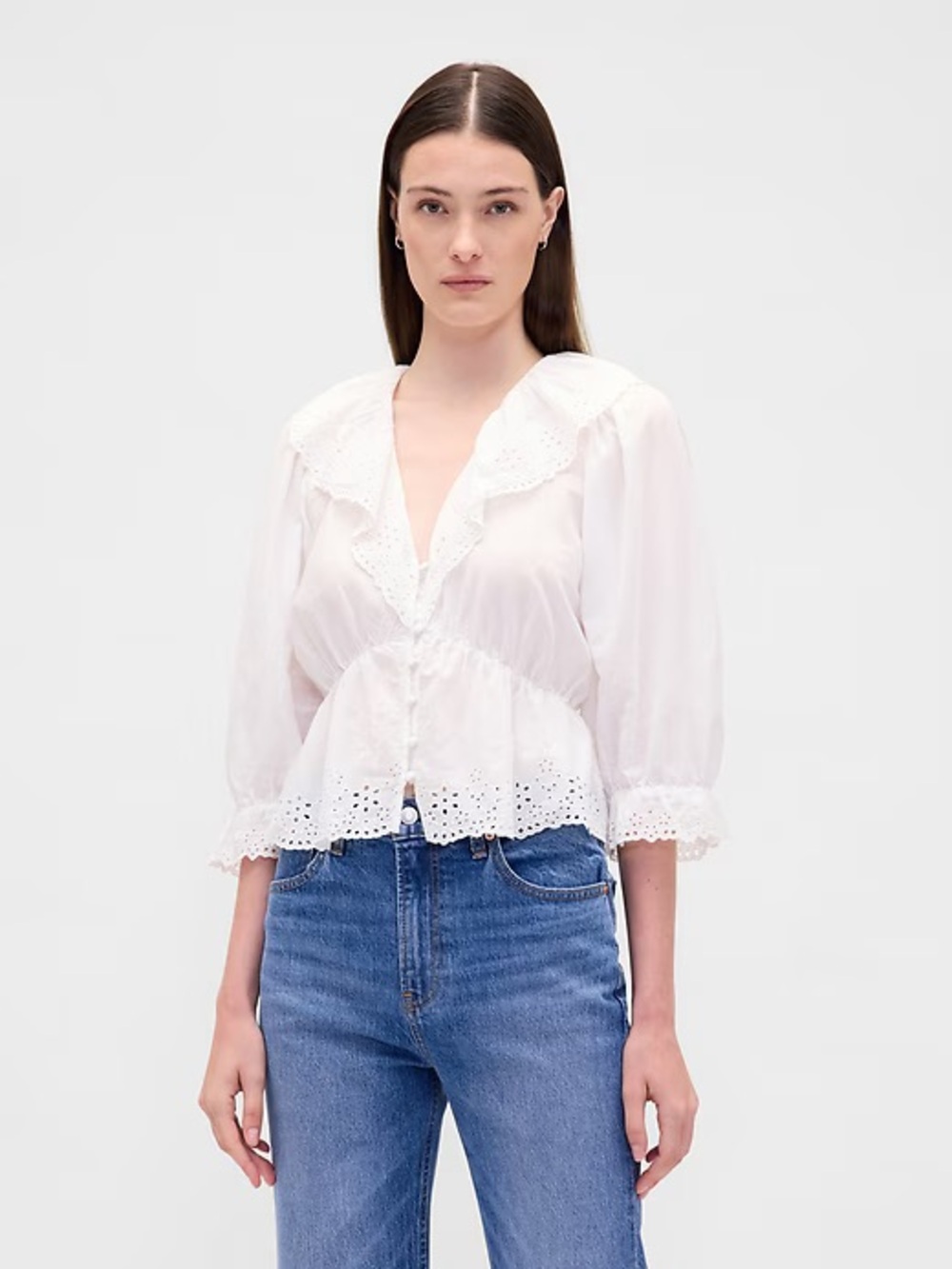 GAP Ruffle Collar V-Neck Top in White Eyelet (Similar Style to DOEN)